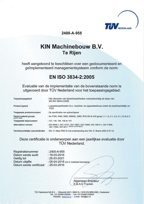 Certificatie Kin Machinebouw B V